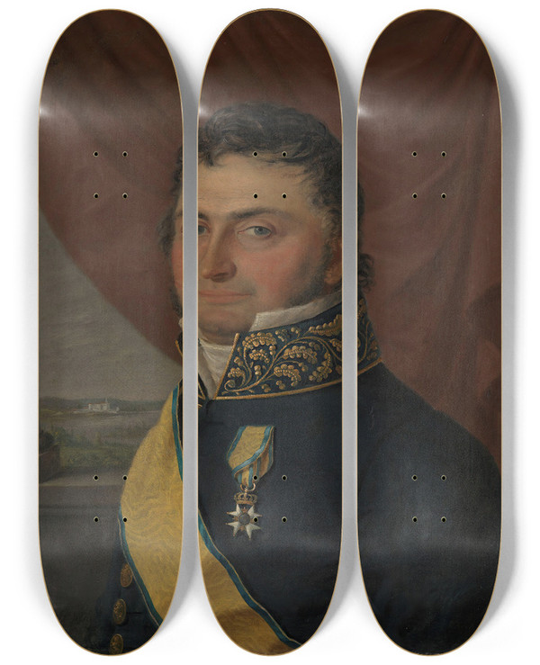 Triptych art skateboard deck of Jacob Munch Portrait Of Cabinet Minister Nicolay Johan Lohmann Krog by Jacob Munch (1776-1839)
