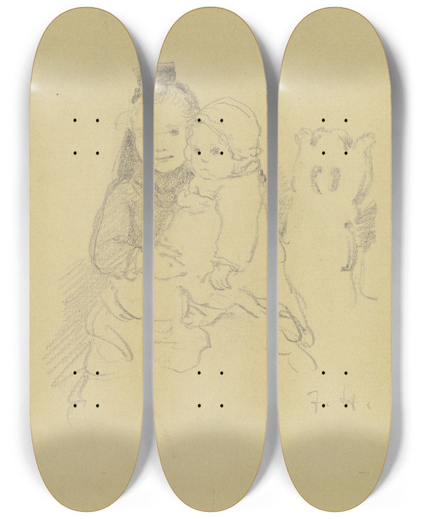 Triptych art skateboard deck of Jacob Happ Two Children by Jacob Happ (1861-1936)