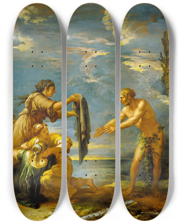 Triptych art skateboard deck of Salvator Rosa Odysseus And Nausicaa by Salvator Rosa (1615-1673)
