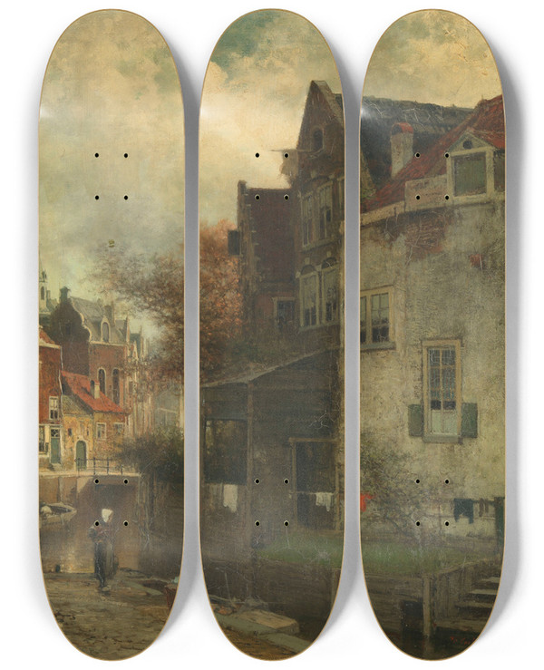 Triptych art skateboard deck of Ferdinand Carl Sierich Stadsgezicht by Ferdinand Carl Sierich (1839-1905)