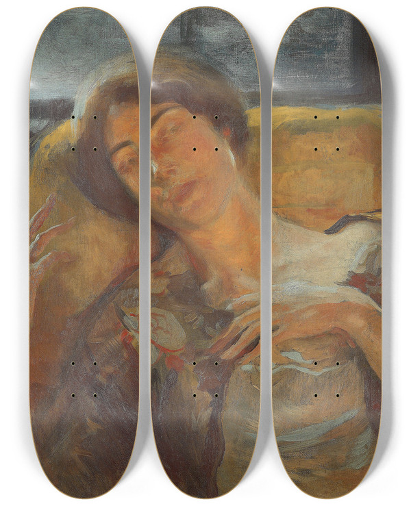 Triptych art skateboard deck of Albert Besnard Womans Head by Albert Besnard (1849-1934)
