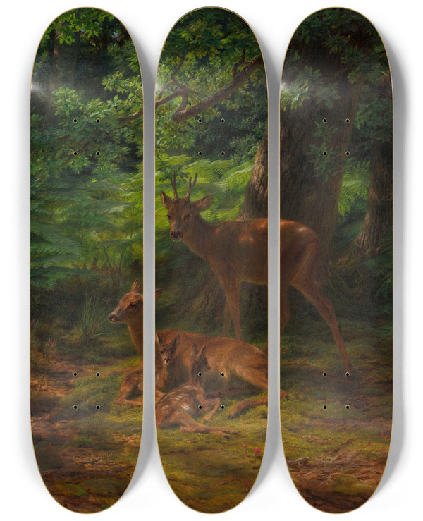 Triptych art skateboard deck of Rosa Bonheur Deer In Repose by Rosa Bonheur (1822-1899)