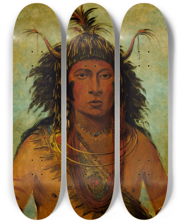 Triptych art skateboard deck of George Catlin Saysaygon Hail Storm War Chief by George Catlin (1796-1872)