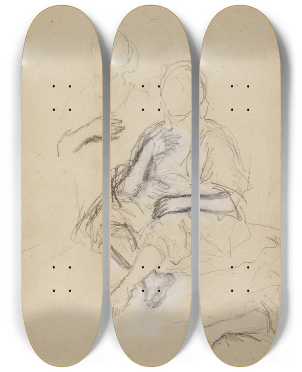 Triptych art skateboard deck of Narcissevirgile Diaz De La Pea Deux Personnages Draps Assis De Face Et Tude De Bras by Narcisse-Virgile Diaz de La Pea (1808-1876)