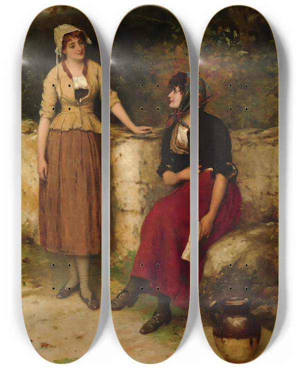 Triptych art skateboard deck of William Oliver Sisterly Advice by William Oliver (1823-1901)