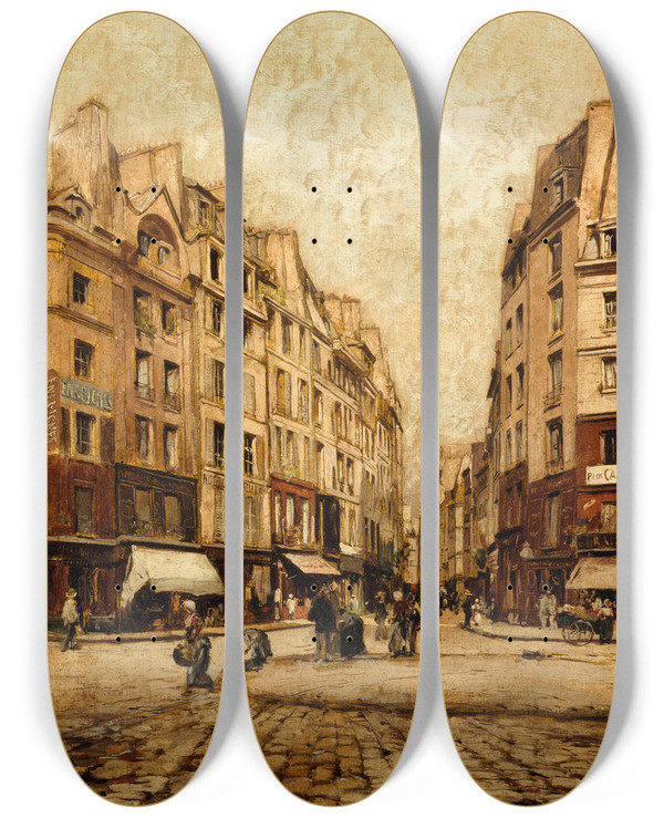 Triptych art skateboard deck of Emmanuel Lansyer La Rue Galande by Emmanuel Lansyer (1835-1893)