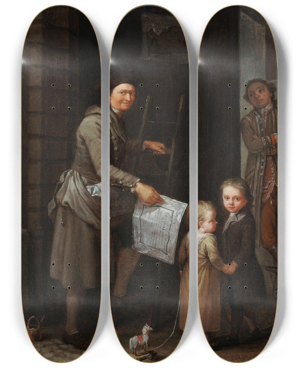 Triptych art skateboard deck of Etienne Jeaurat Le Colleur Daffiche by Etienne Jeaurat (1699-1789)