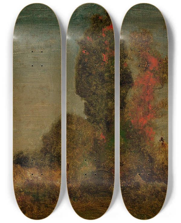 Triptych art skateboard deck of George Inness Autumn Trees by George Inness (1825-1894)