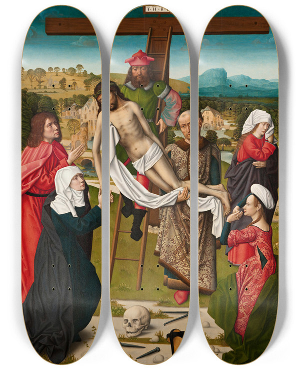 Triptych art skateboard deck of Master Of The Embroidered Foliage Descent From The Cross by Master Of The Embroidered Foliage (1480-1510)