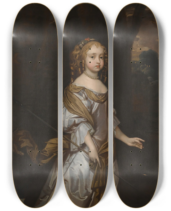 Triptych art skateboard deck of Sir Peter Lely Portrait Of Lady Elizabeth Seymour D1697When A Child by Sir Peter Lely (1618-1680)