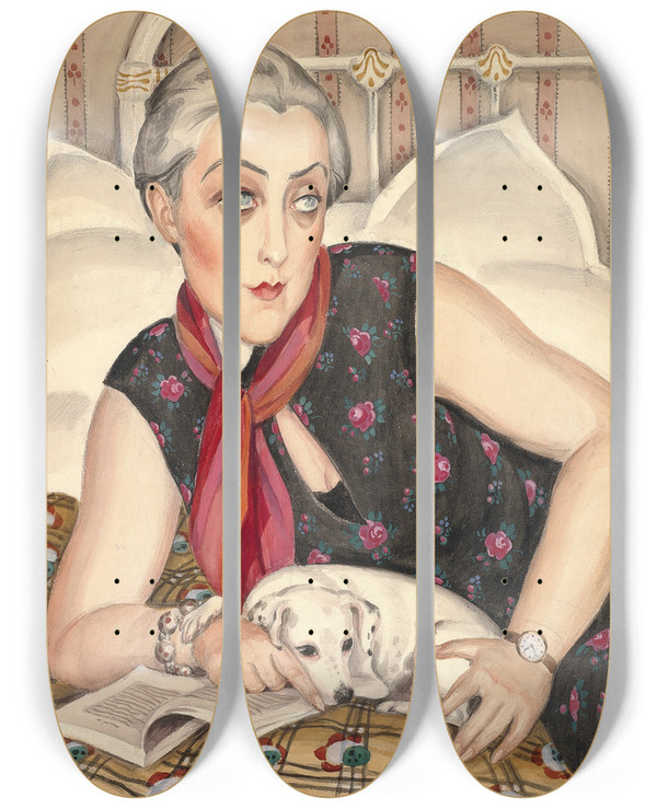 Triptych art skateboard deck of Gerda Wegener Portrait Of A Woman Reading With A Dog by Gerda Wegener (1886-1940)