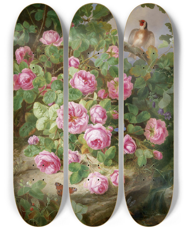 Triptych art skateboard deck of Josef Lauer Groes Rosenstillleben Mit Schmetterlingen Und Vogel by Josef Lauer (1818-1881)