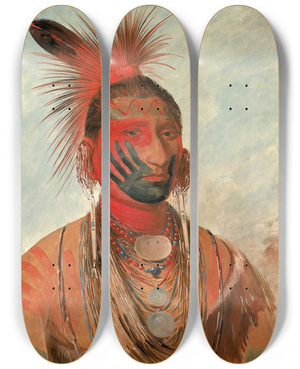 Triptych art skateboard deck of George Catlin Washkamonya Fast Dancer A Warrior by George Catlin (1796-1872)