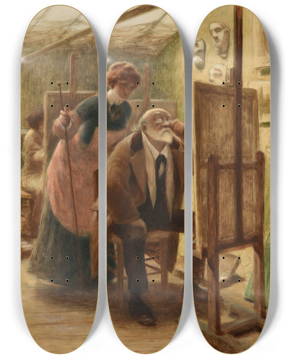 Triptych art skateboard deck of Albert Guillaume La Correction by Albert Guillaume (1873-1942)