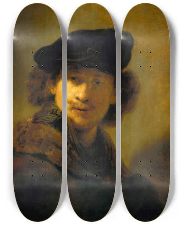 Triptych art skateboard deck of Rembrandt Van Rijn Selfportrait In A Velvet Beret by Rembrandt Van Rijn (1606-1669)