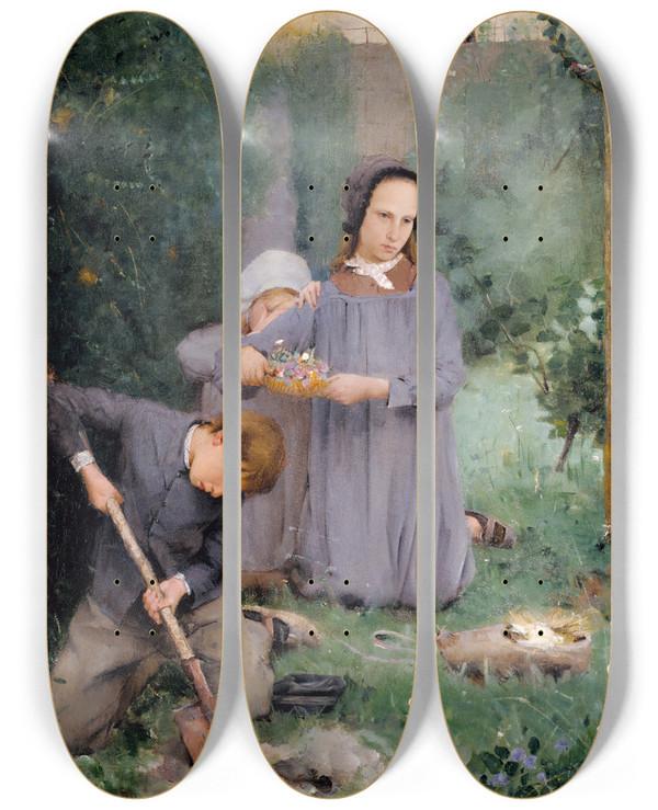 Triptych art skateboard deck of Julian Alden Weir Children Burying A Bird by Julian Alden Weir (1852-1919)