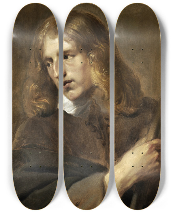 Triptych art skateboard deck of Pieter Claesz Soutman A Young Man Holding A Staff by Pieter Claesz Soutman (1580-1657)