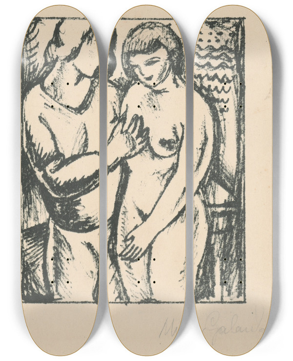 Triptych art skateboard deck of Mikul Galanda Milenci 3 by Mikulas Galanda (1895-1938)