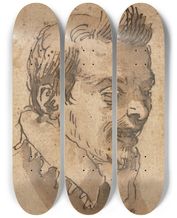 Triptych art skateboard deck of Annibale Carracci Head Of A Man by Annibale Carracci (1560-1609)