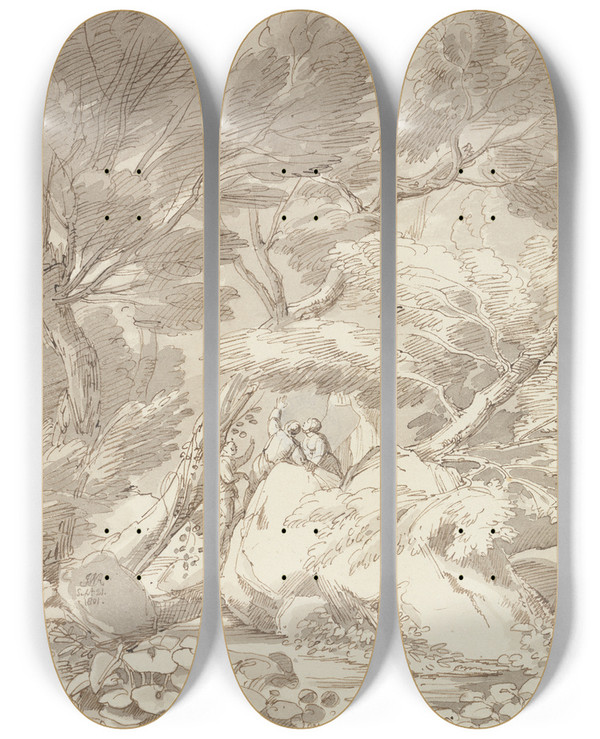 Triptych art skateboard deck of John White Abbott Figures On A Rocky River Bank At Canonteign Devon by John White Abbott (1763-1851)