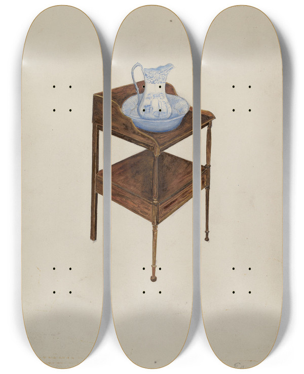 Triptych art skateboard deck of Edna C Rex Washstand by Edna C Rex (1893-1972)