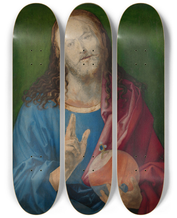 Triptych art skateboard deck of Albrecht Drer Salvator Mundi by Albrecht Durer (1471-1528)