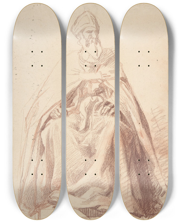 Triptych art skateboard deck of Alexandre Laemlein Seated Prelate by Alexandre Laemlein (1813-1871)