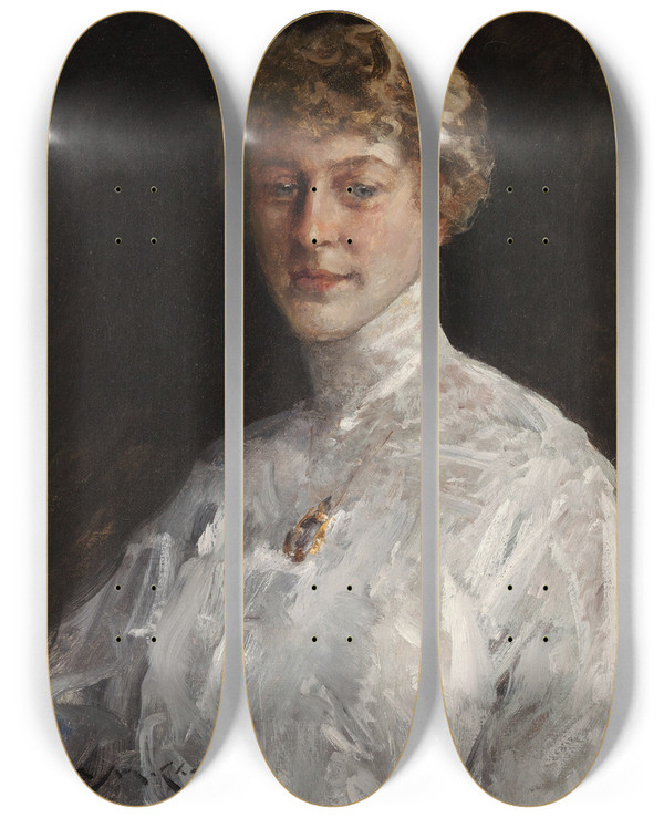 Triptych art skateboard deck of William Merritt Chase Lady In A White Blouse by William Merritt Chase (1849-1916)
