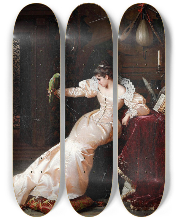 Triptych art skateboard deck of Pio Ricci Dama Con Pappagallo by Pio Ricci (1850-1919)