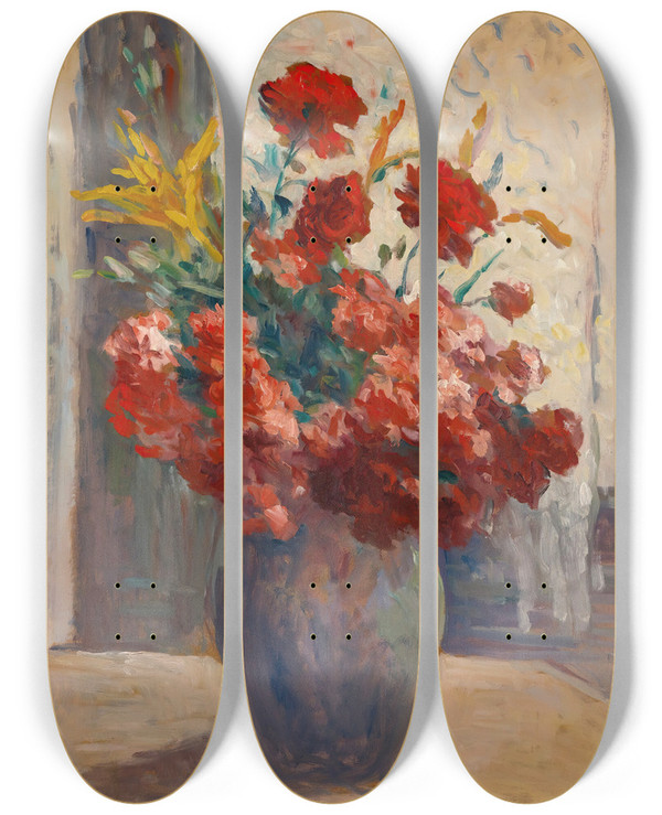 Triptych art skateboard deck of Maximilien Luce Bouquet De Fleurs Dans Un Vase by Maximilien Luce (1858-1941)