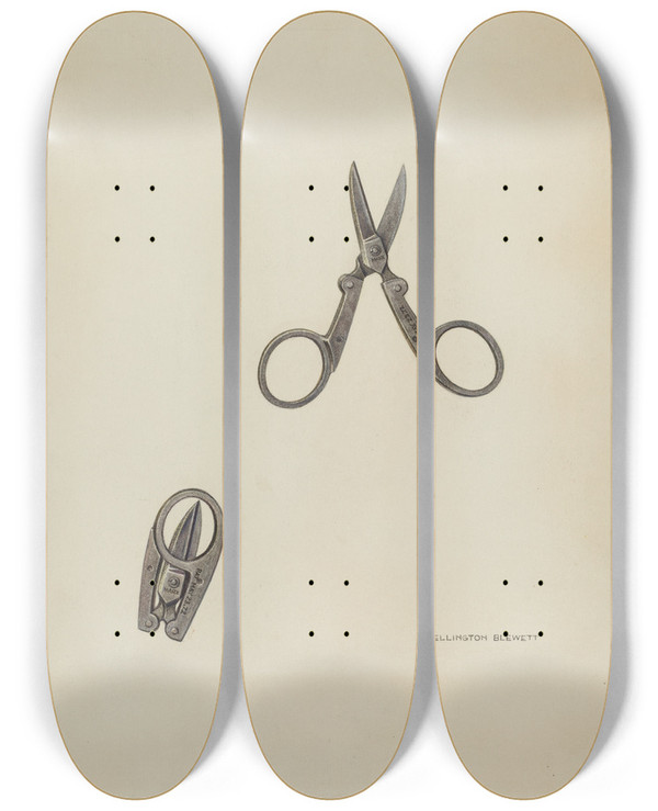 Triptych art skateboard deck of Wellington Blewett Scissors by Wellington Blewett (20-)