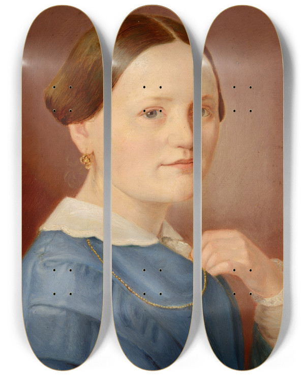Triptych art skateboard deck of Hermann Eduard Hartmann A Portrait Of A Lady With A Necklace With A Light Dress by Hermann Eduard Hartmann (1817-1880)