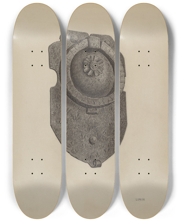 Triptych art skateboard deck of Jacob Lipkin Door Knocker by Jacob Lipkin