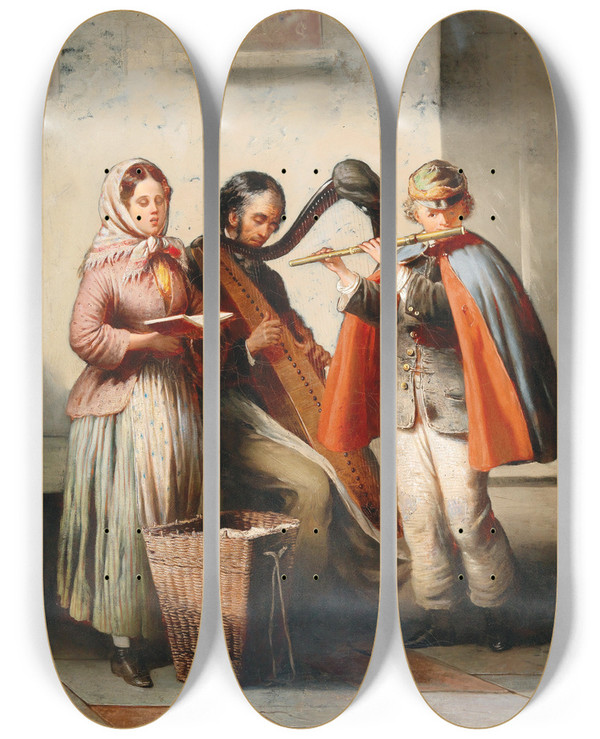 Triptych art skateboard deck of Antonin Hlperl Street Musicians by Antonin Holperl (1820-1888)