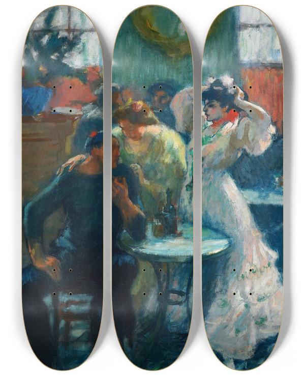 Triptych art skateboard deck of Ricard Canals I Llamb In The Bar by Ricard Canals I Llambi (1876-1931)
