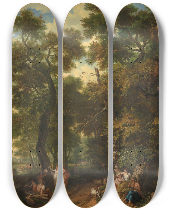 Triptych art skateboard deck of Jurriaan Andriessen Arcadisch Landschap Met Musicerende En Dansende Herders by Jurriaan Andriessen (1742-1819)