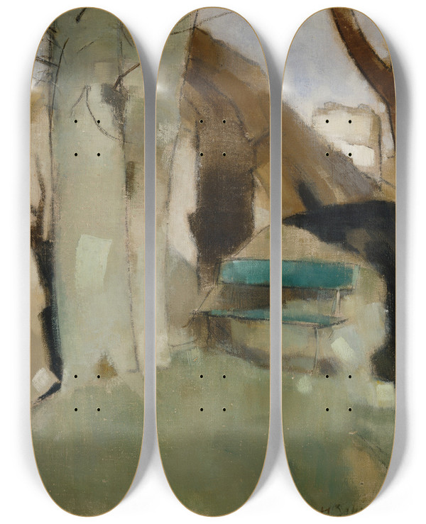 Triptych art skateboard deck of Helene Schjerfbeck Shadow On The Wall Ii Green Bench_2 by Helene Schjerfbeck (1862-1946)