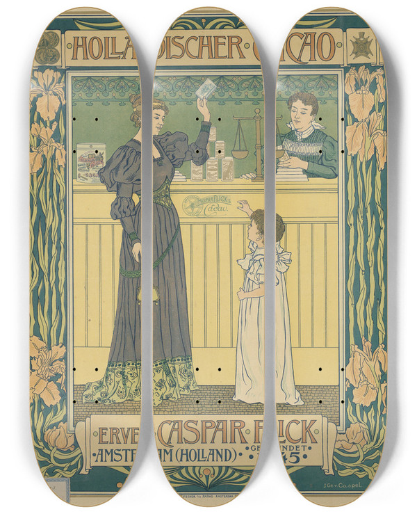 Triptych art skateboard deck of Johann Georg Van Caspel Hllandischer Cacao by Johann Georg Van Caspel (1870-1928)