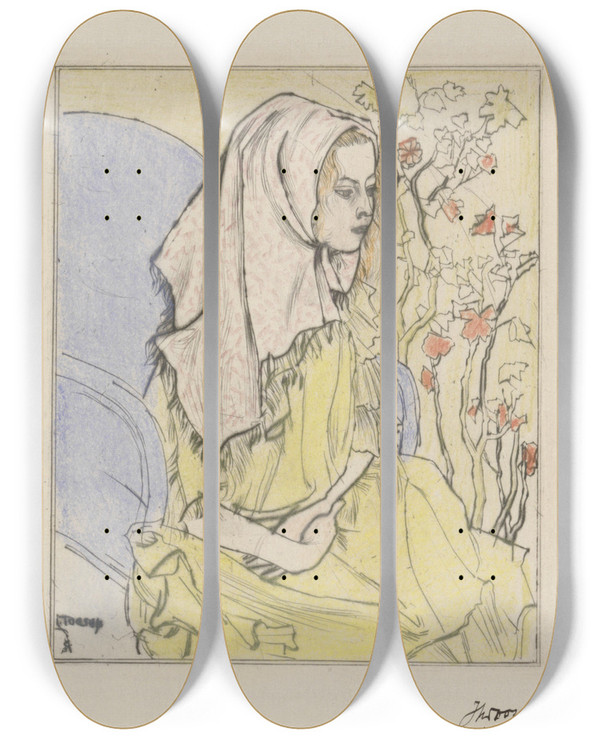 Triptych art skateboard deck of Jan Toorop Charley Toorop Met Hoofddoek In Een Leunstoel by Jan Toorop (1858-1928)