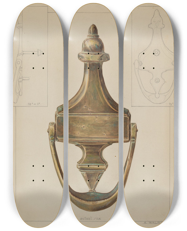 Triptych art skateboard deck of Alfred Walbeck Door Knocker by Alfred Walbeck