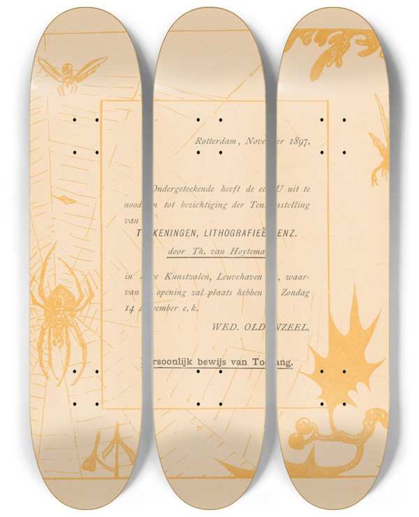 Triptych art skateboard deck of Theo Van Hoytema Uitnodiging Met Spin by Theo Van Hoytema (1863-1917)