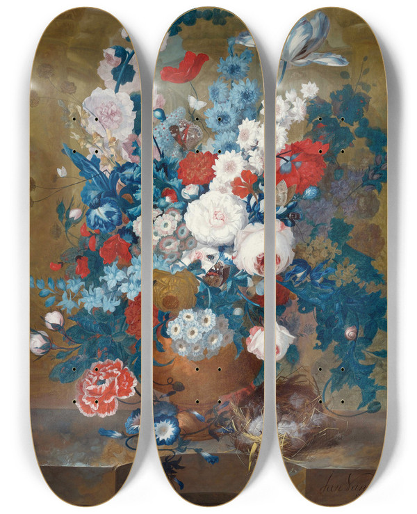 Triptych art skateboard deck of Jan Van Os Flower Still Life With A Birds Nest On A Ledge by Jan Van Os (1744-1808)