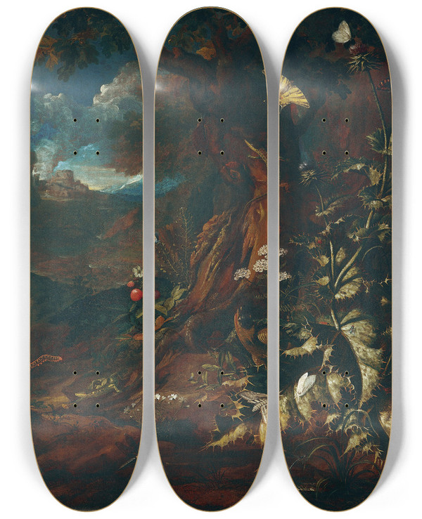 Triptych art skateboard deck of Johann Adalbert Angermayer Landschaft Mit Reptilien Und Insekten_2 by Johann Adalbert Angermayer (1674-1740)