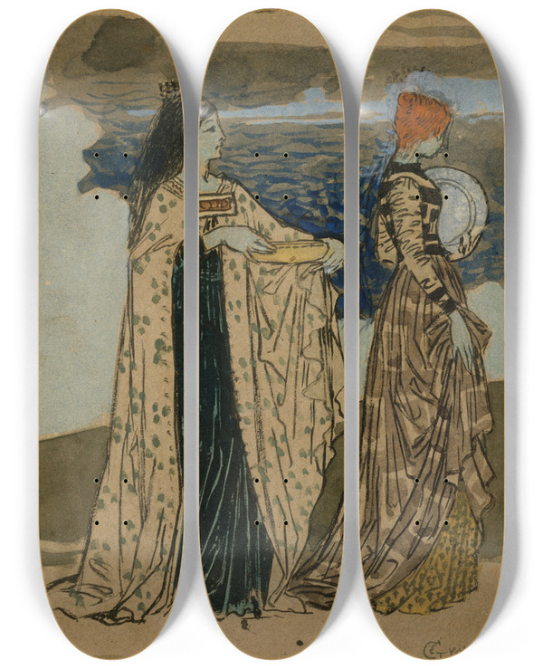 Triptych art skateboard deck of Eugne Grasset Princesse De Lgende by Eugene Grasset (1841-1917)