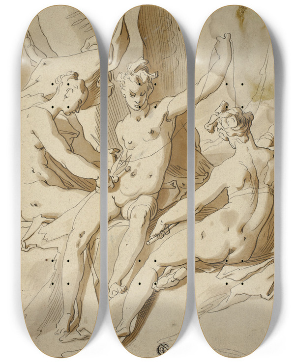 Triptych art skateboard deck of Circle Of Abraham Bloemaert The Three Fates by Circle Of Abraham Bloemaert (1566-1651)