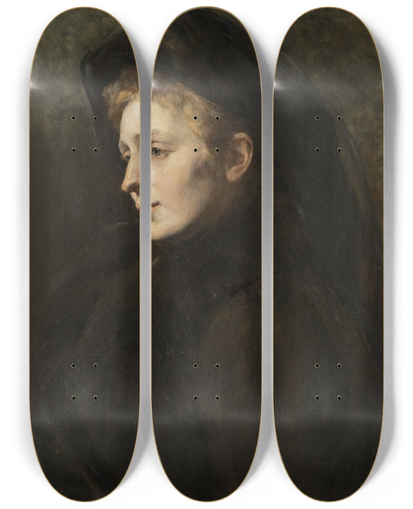 Triptych art skateboard deck of Hildegard Thorell Lady In Mourning by Hildegard Thorell (1850-1930)