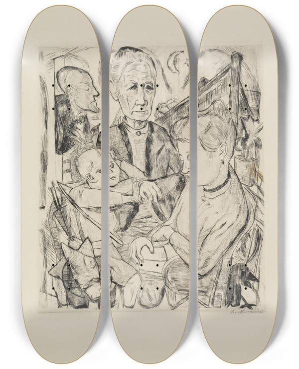 Triptych art skateboard deck of Max Beckmann Familienszene Familie Beckmann by Max Beckmann (1884-1950)