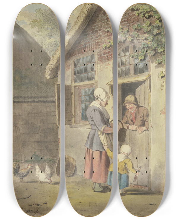 Triptych art skateboard deck of Johannes Christiaan Janson An Einer Haustr Spricht Ein Mann Mit Einer Frau Die Von Einem Kind An Der Schrze Gehalten Wird by Johannes Christiaan Janson (1763-1823)
