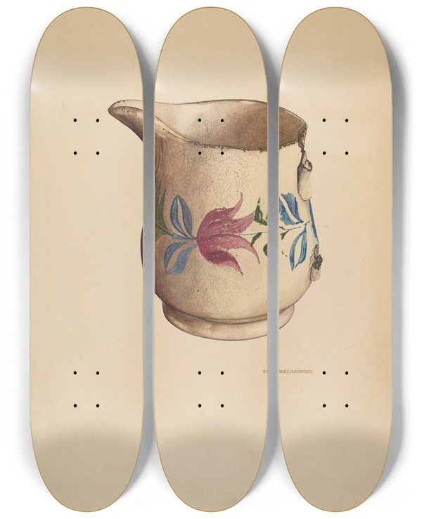 Triptych art skateboard deck of Doris Hollingsworth Crockery Pitcher by Doris Hollingsworth
