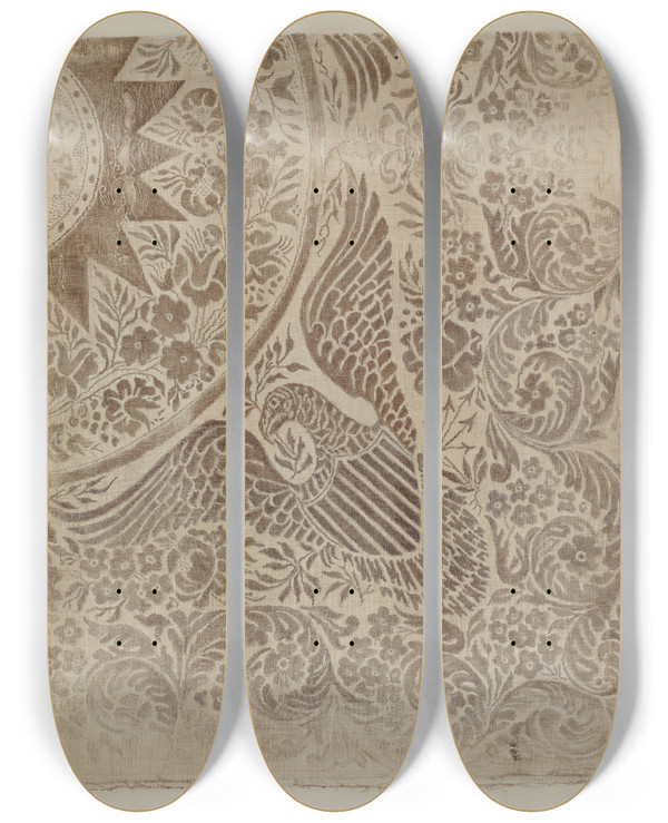 Triptych art skateboard deck of Maud M Holme Handwoven Coverlet_1 by Maud M Holme